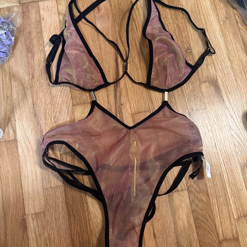 NWOT: Sheer Pink Mesh Lingerie Set with Black Trim